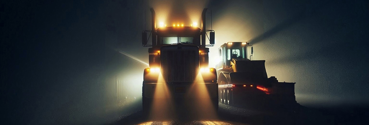 American truck starts its engine at night. a JCB wheeled loader on the trailer in the background.