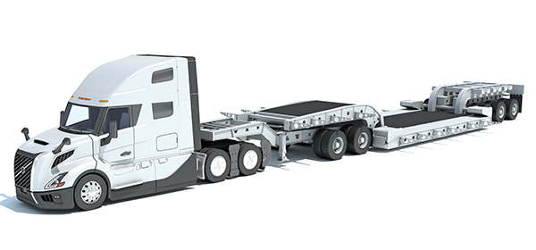 Semi Truck with Lowboy Platform Trailer 3D rendering on white background